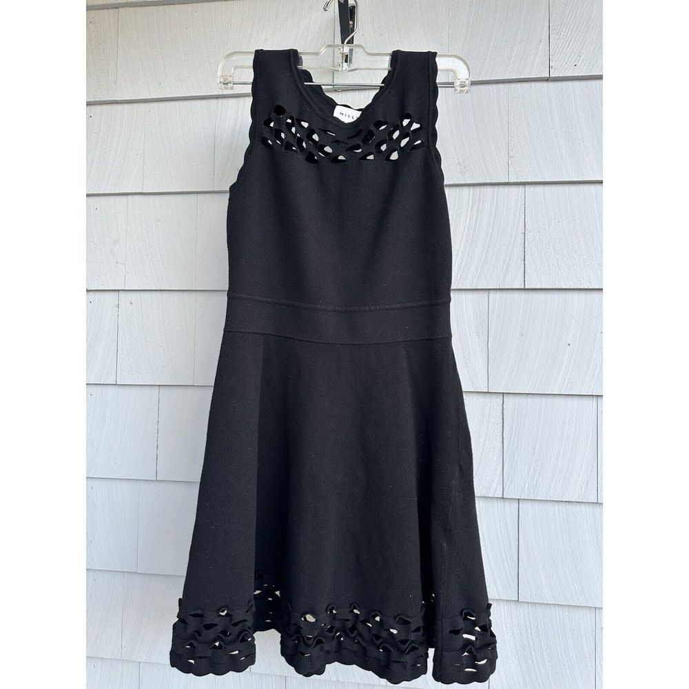 Milly Fit and Flare Black Mini Dress w/ Cut Out Detailing on Chest and Hem Sz M